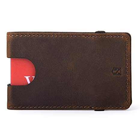 Slim Leather Credit Card Holder for Men - Minimalist Front Pocket Wallet with Elastic Money Clip (Dark Brown [CSC9-DBCH])