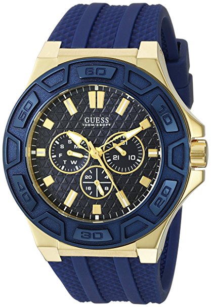 GUESS Men's U0674G2 Sporty Gold-Tone Stainless Steel Watch with Multi-function Dial and Blue Strap Buckle