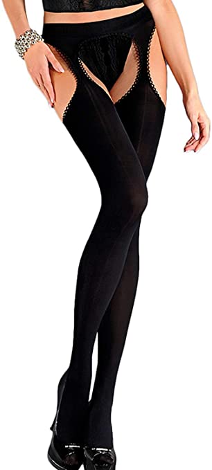 Suspender Tights, Black and Opaque Microfibre Garter Belt Pantyhose for Women 60 Denier, Strip Panty by Gabriella