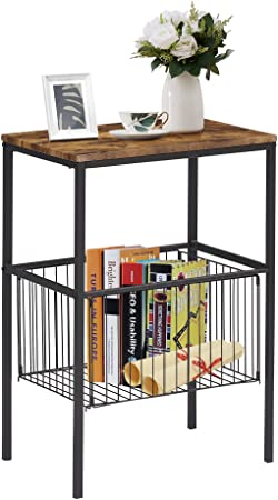 VECELO Versatile Side End Table 31” Tall Shelf Storage Organizer with Foldable Basket for Living Room/Kitchen/Laundry/Bathroom, Industrial Metal Frame, Brown