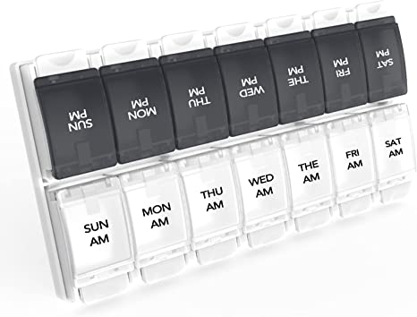 Sukuos Weekly 7 Day Pill Organizer, 2 Times A Day Pill Box Pill Cases (AM PM), BPA Free Medicine Organizer for Pills/Vitamin/Fish Oil/Supplements, Arthritis Friendly Push Button, Easy to Clean