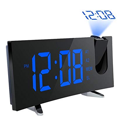 PICTEK Projection Alarm Clock, Alarm Clock with 5-inch Large Curved LED Dimmable Screen, 12/24 Hour Digital Ceiling Clock with FM Radio, Sleep Timer with Dual Alarms and Snooze Function for Kids