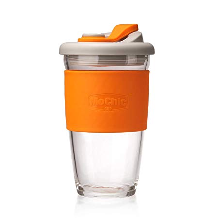 MoChic Reusable Glass Coffee Travel Mug with Lid and Non-slip Sleeve Dishwasher and Microwave Safe Cup Portable Durable Drinking Tumbler Eco-Friendly BPA-Free (Orange,16 OZ)