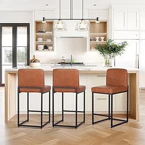 Sophia & William Brown Bar Stools Set of 3, Counter Height 24" Bar Stools with Back, Modern PU Leather Kitchen Island Bar Chairs