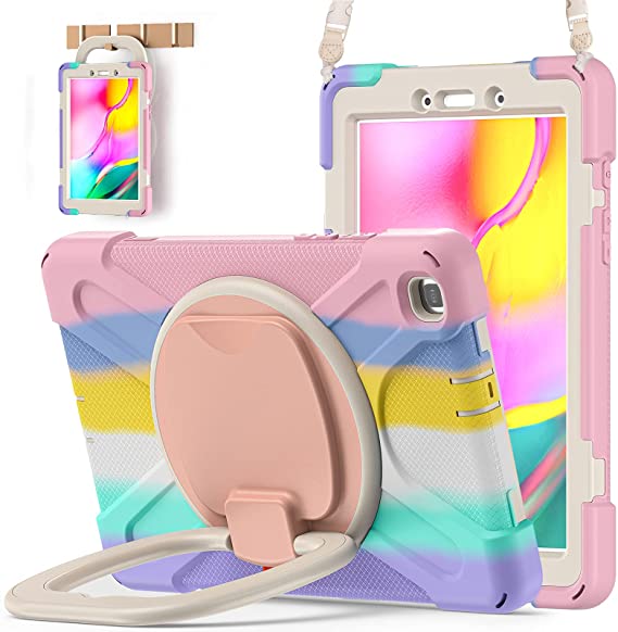 BATYUE Samsung Galaxy Tab A 8.0 Case 2019,Case for Galaxy Tab A 8.0 2019( SM-T290/SM-T295) Shockproof Drop Protection Cover for kids with Pencil Holder,360° Swivel Stand,Shoulder strap(Colourful Pink)