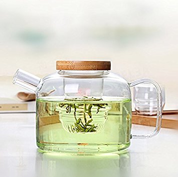 Dechunxian® Creative Life Series - Glass Tea Pot   Tea Infuser Strainer ,Lead-free Heat-resistant Borosilicate Glass, Dishwasher Microwave Refrigerator Safe (750ml Bamboo Cap)