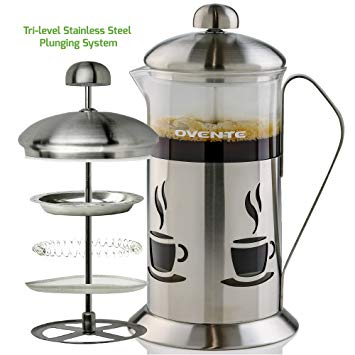 Ovente French Press Cafetière Coffee and Tea Maker, High-Grade Stainless Steel, Nickel Brushed, Heat-Resistant Borosilicate Glass, 20 oz (590 ml), 5-cup, Classy Café Design, FREE Measuring Scoop