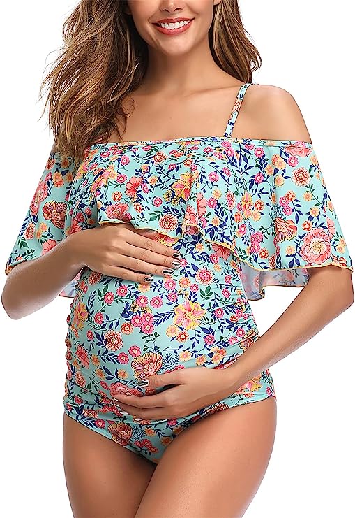 Women Off-Shoulder Maternity Swimsuits Flounce Floral One Piece Bathing Suits