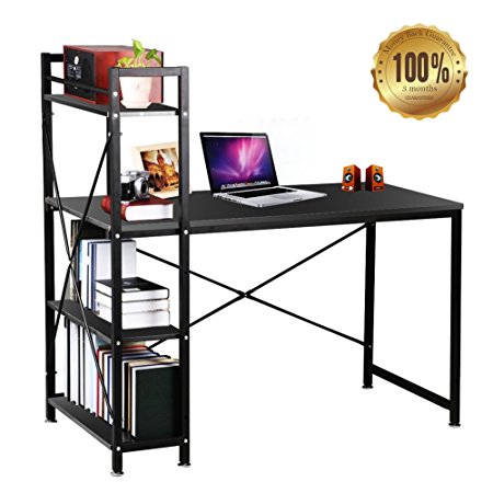 Computer Desk Study Table Workstation for Home PC Table Laptop Desk with 4 Tier Bookcase Large Storage Shelving,Black