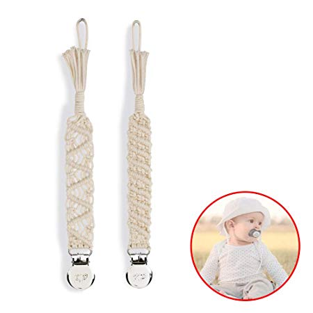 Macrame Baby Pacifier Clips, Braided Pacifier Leash &Teething Toys-Best for Boys and Girls ， Baby Shower Gifts (Beige)