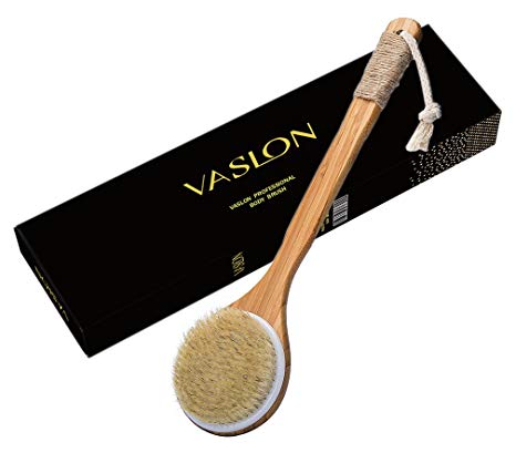 VASLON Natural Boar Bristles Bath Body Brush,Dry Brushing Body Brush, Boar Bristles Exfoliating Body Massager with Long Wooden Handle for Dry Brushing and Shower,Back Brush Scrubbe