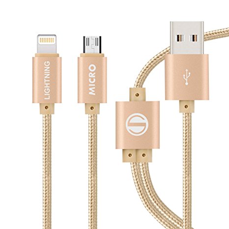 SGIN 3FT 2in1 Lightning and Micro USB Cable Nylon Braided Sync and Charging Cord Charger for iPhone 7/7Plus/6s plus/6s/6 plus/6/5s/5c/5, iPad /iPod, Samsung, HTC(Gold)