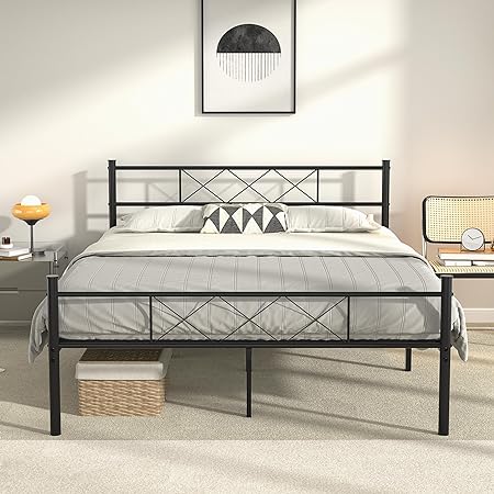 VECELO Full Size Bed Frame with Headboard, Heavy-Duty Platform/Mattress Foundation with Metal Slats Support, No Box Spring Needed/Easy Assembly, Matte Black