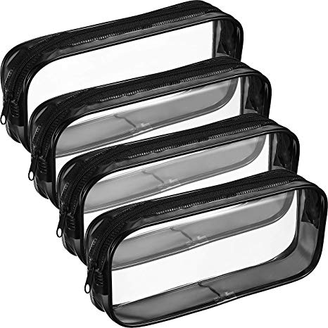 Tatuo 4 Pieces Clear PVC Zipper Pen Pencil Case, Big Capacity Pencil Bag Makeup Pouch (Black)