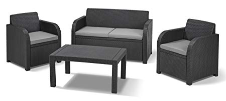 Keter Carolina Outdoor 4 Seater Rattan Lounge Table Garden Furniture Set - Graphite with Grey Cushions