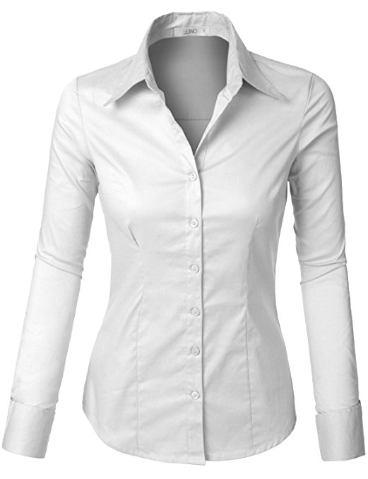 LE3NO Womens Tailored Long Sleeve Button Down Shirt with Stretch