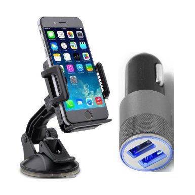 Ixir Cellphone Car Mount Holder Stand Bracket on Windshield Dashboard  Dual USB Car Charger Universal 360 Degree