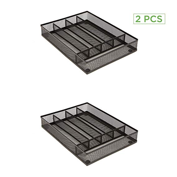 Mind Reader 5 Section Cutlery Tray Drawer Organizer 2 Pack, Black Mesh