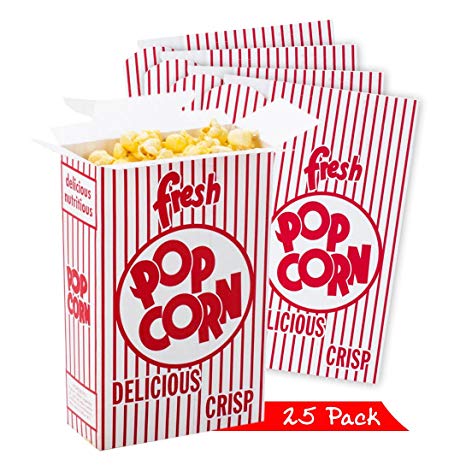 Set of 25 - Close Top Movie Theater Popcorn Boxes, Red and White Stripes,Carnival Circus Party Favors,
