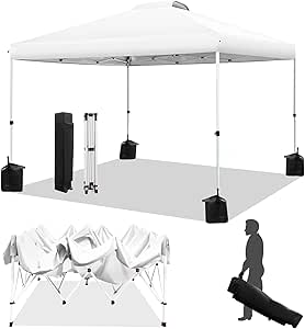 WEIZE Pop up Canopy Tent 10x10ft, 1-Button Push Setup, Instant Portable Shelter, Adjustable Height, Portable Roller Bag, 4 Weight Bags, Guy Ropes & Stakes Included, White