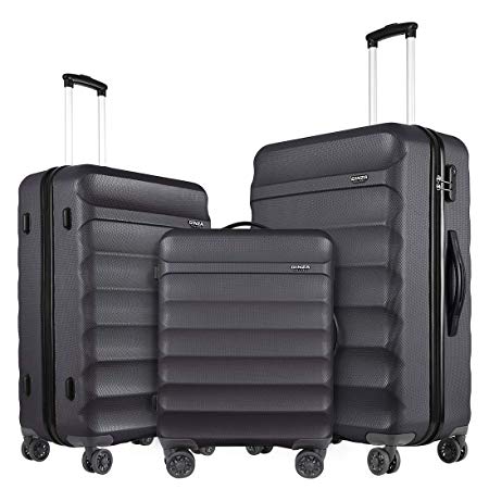 GinzaTravel Anti-scratch ABS Material Luggage 3 Piece Sets Lightweight Spinner Black color Suitcase (20in 24in 28in)