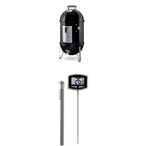 Weber 711001 Smokey Mountain Cooker 14-Inch Charcoal Smoker, Black and Thermometer Bundle