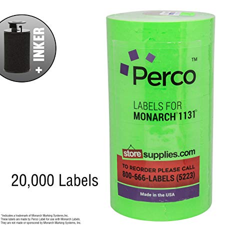 Flou. Green Pricing Labels for Monarch 1131 Price Gun - 1 Sleeve, 20,000 Price Gun Labels - with Bonus Ink Roll
