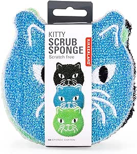 Kikkerland Kitty Cat Scrub Reusable Sponges, for Scrubbing, Cleaning, Dishwashing,Kitchen Scrubbers, Set of 3, Black/Green/Blue