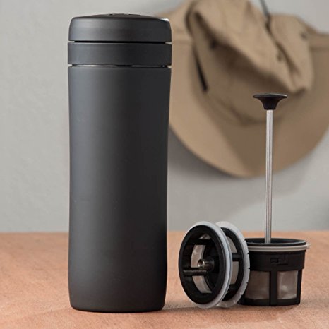 Espro Travel Press - French Press Travel Mug, Stainless Steel   Bonus Wooden Stirring Spoon (with Coffee and Tea Filters, Matte Black, 12 oz)