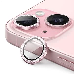 JETech Protecteur d'Objectif de Caméra pour iPhone 15 6,1 Pouces et iPhone 15 Plus 6,7 Pouces, Couvercle d'Anneau Bling Glitter Individuel en Métal en Verre Trempé 9H, Lot de 2 (Rose)