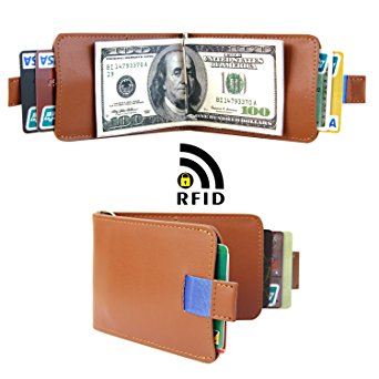 Mens Ultra Slim RFID Blocking Bifold Leather Wallet Pull Tab with Money Clip