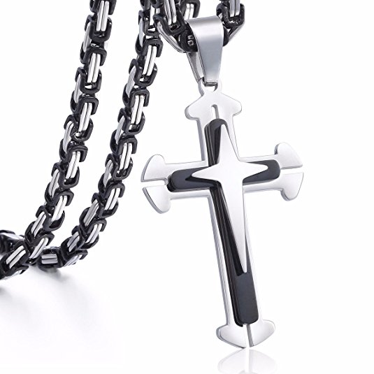 Trendsmax Jewelry Stainless Steel Cross Pendant Necklace Mens Boys Chain 5mm Byzantine Chain 22-30inch