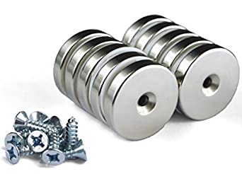 10pc Applied Magnets 1.26" x 1/4" with Countersunk Hole Neodymium Disc Rare Earth Magnet w/Screws