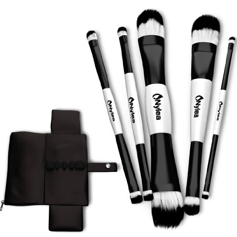 Nylea 5pcs Makeup Brushes Set - Professional Double Sided Cosmetic Brus Kit - Black Carrry Bag Case Holder - Best for Eyes, Face, Skin - Money Back Guarantee