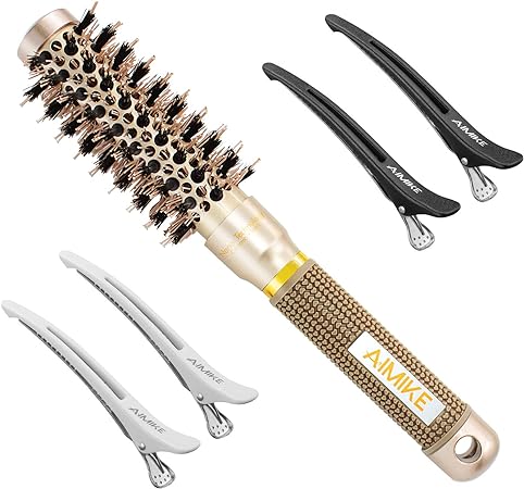 AIMIKE Round Brush, Nano Thermal Ceramic & Ionic Tech Hair Brush, Small Round Barrel Brush with Boar Bristles for Blow Drying, Styling, Curling and Shine (2 inch, Barrel 1 inch)   4 Free Clips Gold