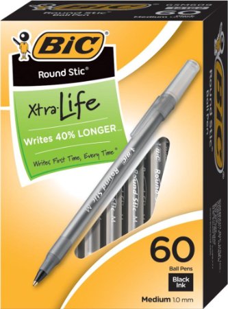 BIC Round Stic Xtra Life Ball Pen Medium Point 10 mm Black 60-Count