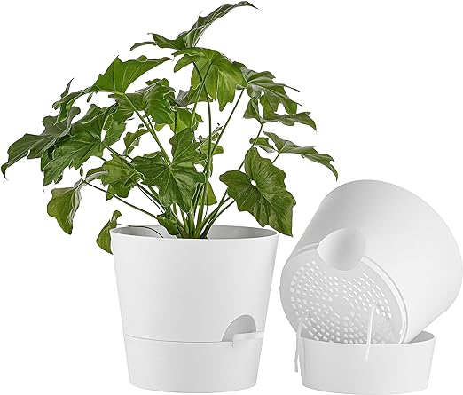 FaithLand 2-Pack 10 Inch Planter Pots for Indoor Outdoor Plants, Self Watering Flower Pots with Deep Reservoir, White …