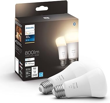 Philips Hue White 9.5W Equivalent 60W A19 Base E26 LED Smart Bulb, Dimmable, Bluetooth & Zigbee Compatible, Voice Activated with Alexa & Google Assistant, 2-Pack (571273)