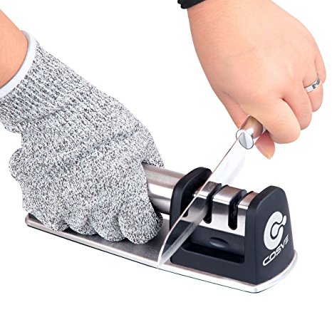 Kitchen Knife Sharpener for Straight and Serrated Knives, COSVE Non-Slip Base 2 Stage Diamond Coated Sharpening System Sharpener with Cut Resistant Glove