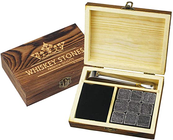 Whiskey Stones Gift Set - Cold Stones for Drinks - 9 Granite Chilling Whiskey Rocks - Velvet Storage Pouch and Stainless Steel Tong in Wooden Gift Box for Men Him Dad Boyfriend (Gift Set)