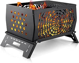 Odoland Wood Fire Pits, Camping Bonfire Stove, Burning Fire Pits for Outside, Rectangle Cast Iron Campfire Pit for Patio Backyard, with Spark Screen Fire Poker Metal Gate Carry Bag,Honeycomb Version