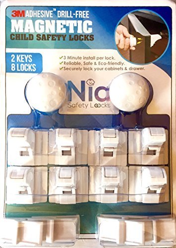 Nia Safety Locks Cabinet Protect Your Child and Secure Cabinets/Drawers with this 100 Percent Hidden Magnetic Drill-Free System, 8 Locks and 2 Keys