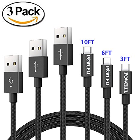 [3 PACK] 3/6/10 Feet POWCELL FULL SPEED CHARGER CORD FOR SONY XPERIA XZ PREMIUM X Compact XZs L1 XA1 Ultra NYLON BRAIDED USB DATA SYNC CHARGING CABLE CORD (Black 3/6/10)