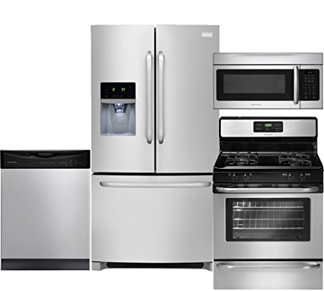 Frigidaire 4-Piece Stainless Steel Kitchen Package with FFHB2740PS 36" French Door Refrigerator, FFGF3053LS 30" Gas Range, FFBD2411NS Full Console Dishwasher and FFMV164LS Over-The-Range Microwave