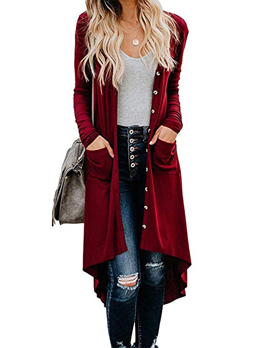 MEROKEETY Women's Long Sleeve Button Down High Low Hem Solid Color Ribbed Cardigans with Pockets