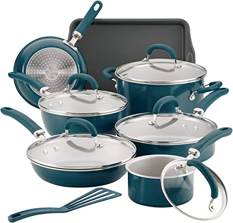 Rachael Ray Create Delicious Nonstick Cookware Pots and Pans Set, 13 Piece, Teal Shimmer