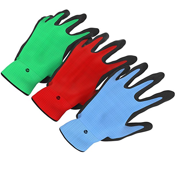 Vremi Heavy Duty Gardening Gloves for Men and Women - 3 Pack Small Size Bamboo Nitrile Coated Thorn Proof Indoor and Outdoor Garden Gloves for Vegetable Roses or Flower Gardens - Blue Green and Red