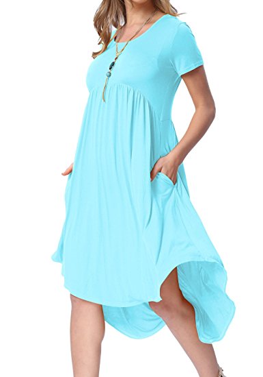 levaca Women's Scoop Neck Pockets High Low Pleated Loose Swing Casual Midi Dress