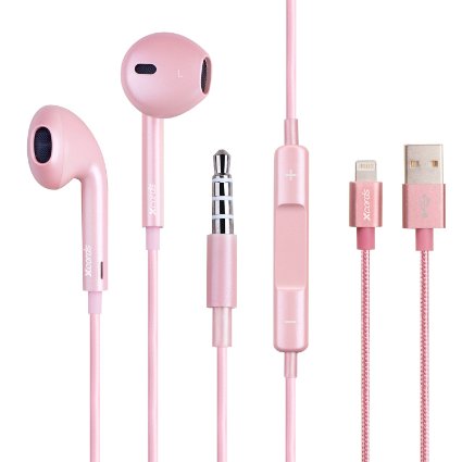 XcordsTM Wired Headset Earphones Earbuds Headphones with Mic and Volume Control and 1 Pcs Nylon Lightning Cable for iPhone 66s6 Plus6s Plus 55c5s iPadiPod Plus