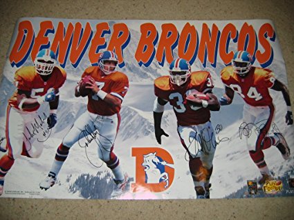 DENVER BRONCOS 1997 signed Elway, Davis, Sharpe, Mobley Rocky Mountain poster / UACC Registered Dealer # 212